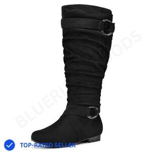 Women's Slouchy Knee High Boots Suede Flat Side Zipper Wide Calf Y2K Chic